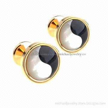 Brass Cufflinks with Chinese Tai Chi, Made of Onyx and MOP Masico Stone, IP Gold Plating